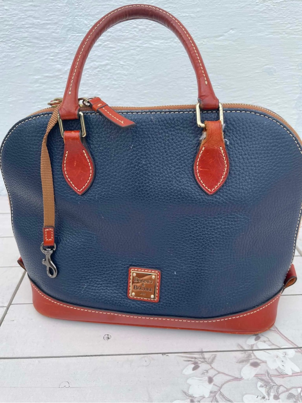 Dooney & Bourke Navy Pebble Leather Satchel with Brown Trim and Strap - Picture 4 of 14